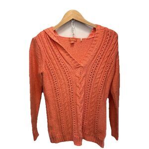 Tommy Bahama Chunky Cotton Cable Knit Sweater Hoody Womens Size M Coral pullover